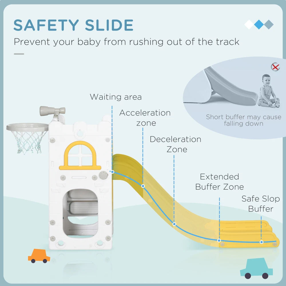 Qaba – ensemble de jeu coulissant 5 en 1 pour tout-petits, intérieur pour 1 à 3 ans, avec panier de basket-ball, grimpeur, télescope et panier de rangement, jaune