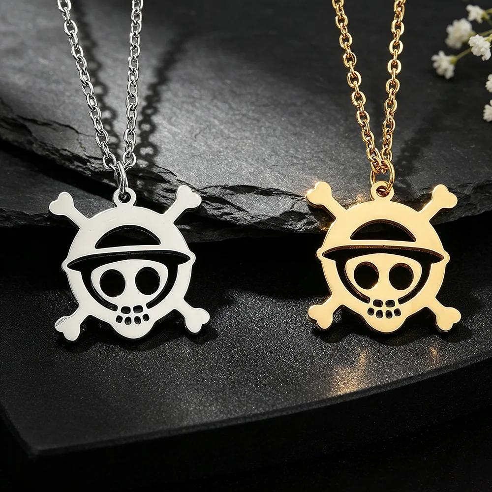 One Piece Straw Hat Jolly Roger Skull Crossbones Pendant Necklace, Stainless Steel Hollow Pirate Logo Necklace Cosplay Jewelry