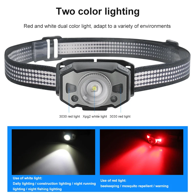 3PCS Zoom Sensor Headlamp Car Inspect Led Headlights Flashlight USB Rechargeable For Running Fishing Work Head- Dual Switch Mode