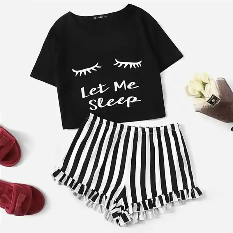 

2025 Summer Letter Print Black Stripe Pajamas Set Women Sexy Loose Short Sleeve Crop Tops and Shorts 2 Pieces Sleepwear Homewear