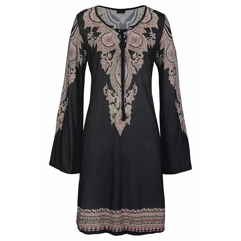 Tropical Dress Boho Vestidos Mujer Bohemian Long Sleeve V Neck Women Casual Loose Black Mini Robe Femme A Line Female Dresses