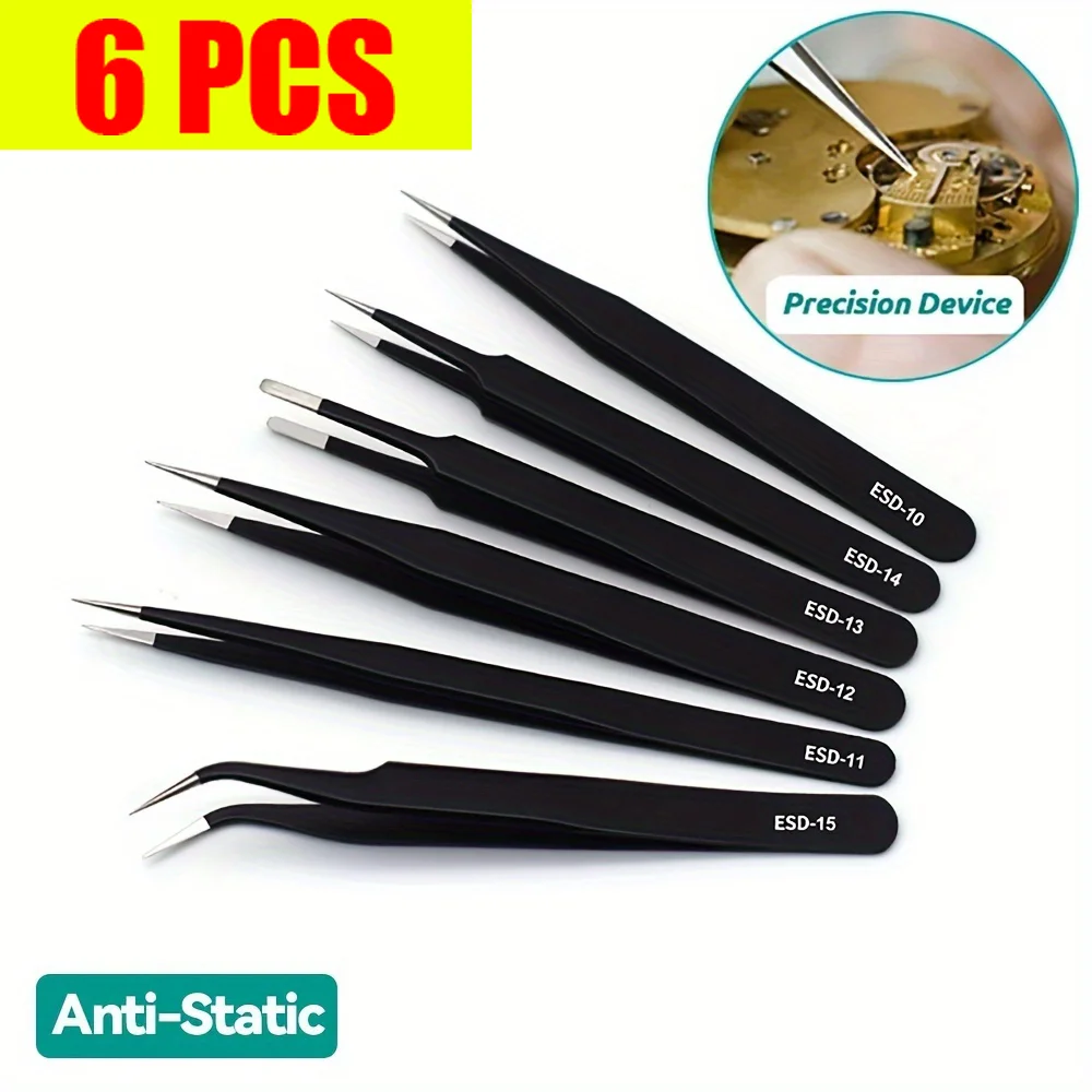 

6Pcs Anti-static ESD Stainless Steel Tweezers Maintenance Tool Industrial Precision Curved Straight Tweezers Repair Tools Set