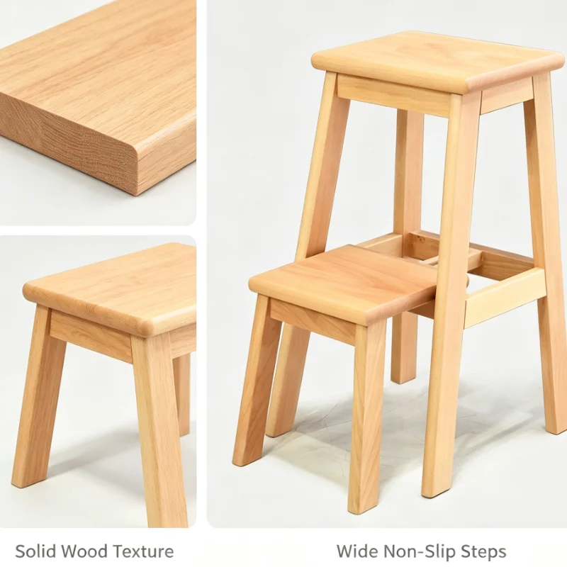 Solid Wood Step Stool Two Tier Ladder Chair Foldable Design For Kitchen Library Home Office Multi Purpose Climbing Aid Seat