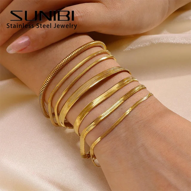 SUNIBI Classic Stainless Steel Snake Chain Bracelet for Women Gold Color Width 2 3 4 5mm Chain Bracelet Women Jewelry Wholesale AliExpress 36