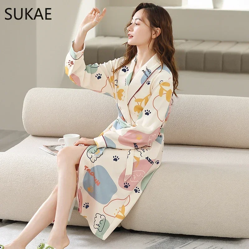 SUKAE M-4XL Women Bathrobe Autumn Spring Cotton Sleepwear Shawl Collar Lady Robe Nightwear Kimono Luxury Cardgian Robes for Girl