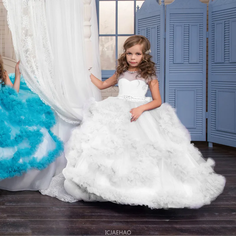 

Party Dresses 2025 New Kids Princess Gown Long Train Tutu Performance Outfits Wedding Dress Costume Flower Girl Children Formal
