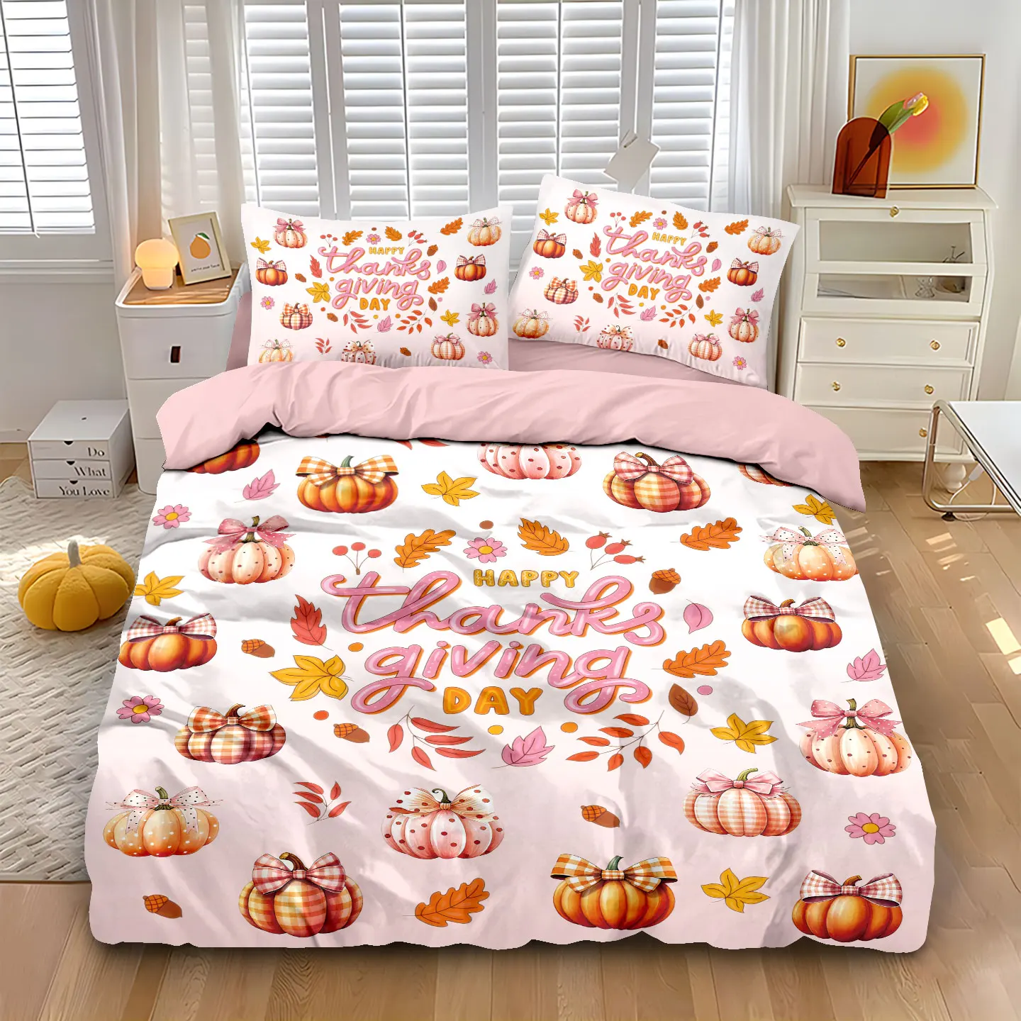 3-teiliges rosa Herbst-Ernte-Kürbis-Druck-Steppdecken-Set mit kernlosem Schlafzimmer und Schlafsäle in mehreren Größen, weich, bequem, maschinenwaschbar