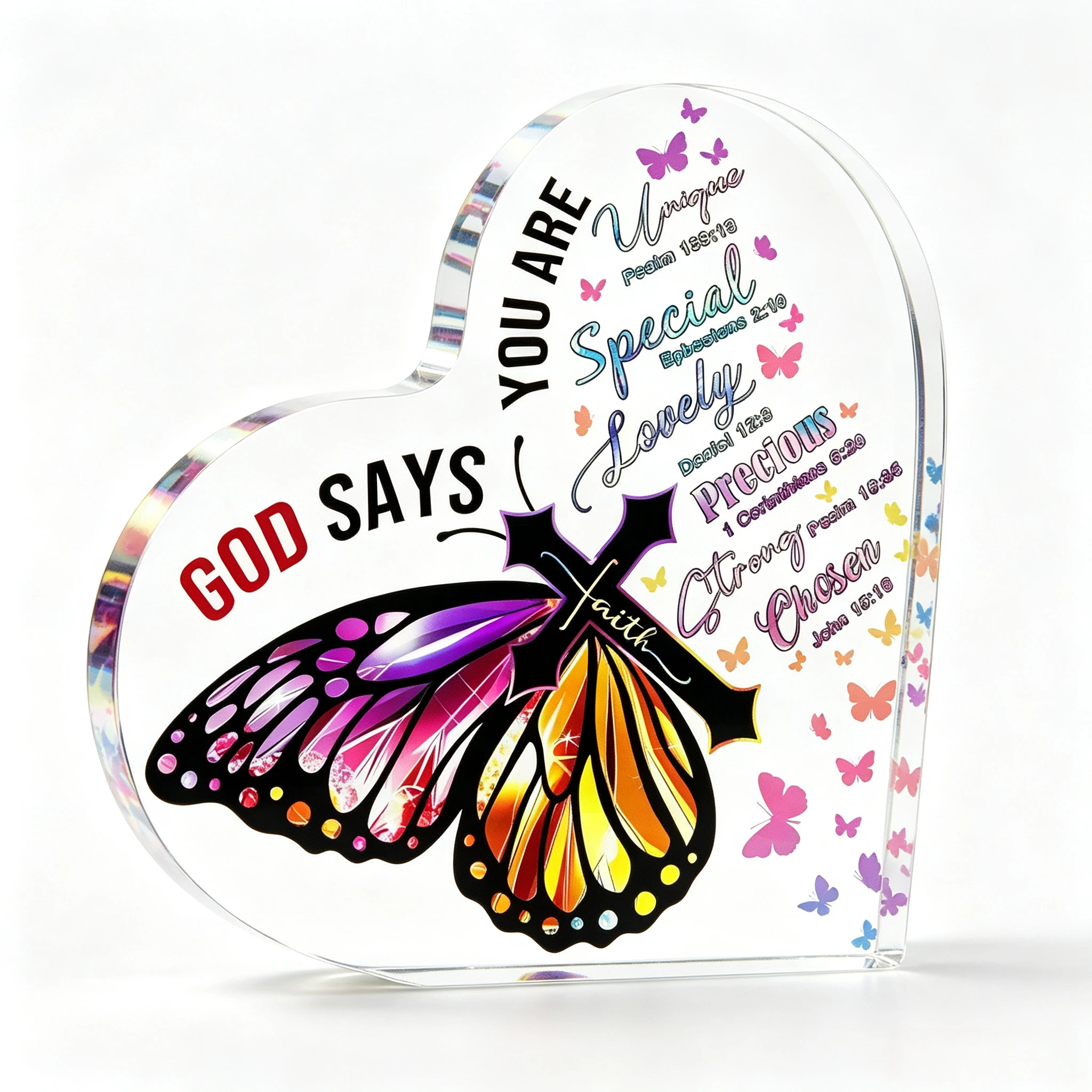 Religious Faith Quote Clear Heart Acrylic Sign, Multicolor Butterfly Desktop Shelf Ornament Scripture Affirmation Heart‑Shaped Acrylic Plaque, Christian Sentimental Home Present