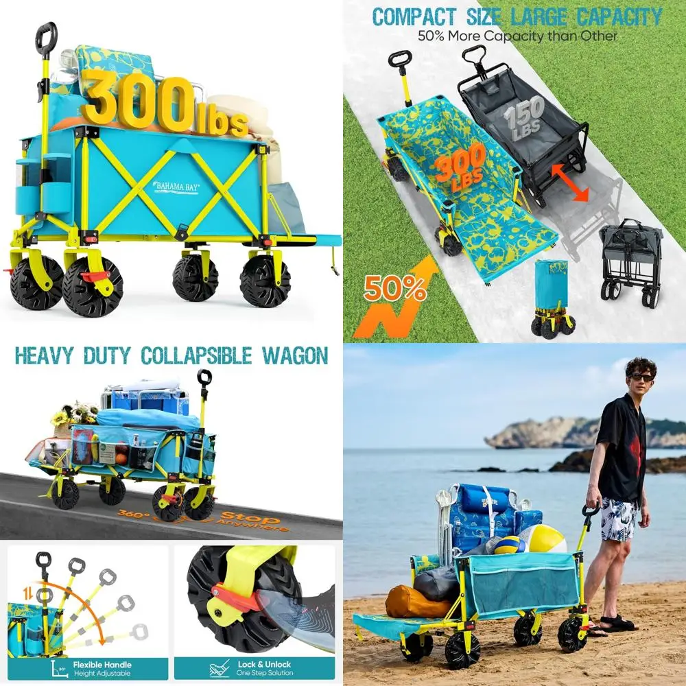 Extra Long Heavy Duty Folding Beach Cart with Big Wheels and Sand Brakes