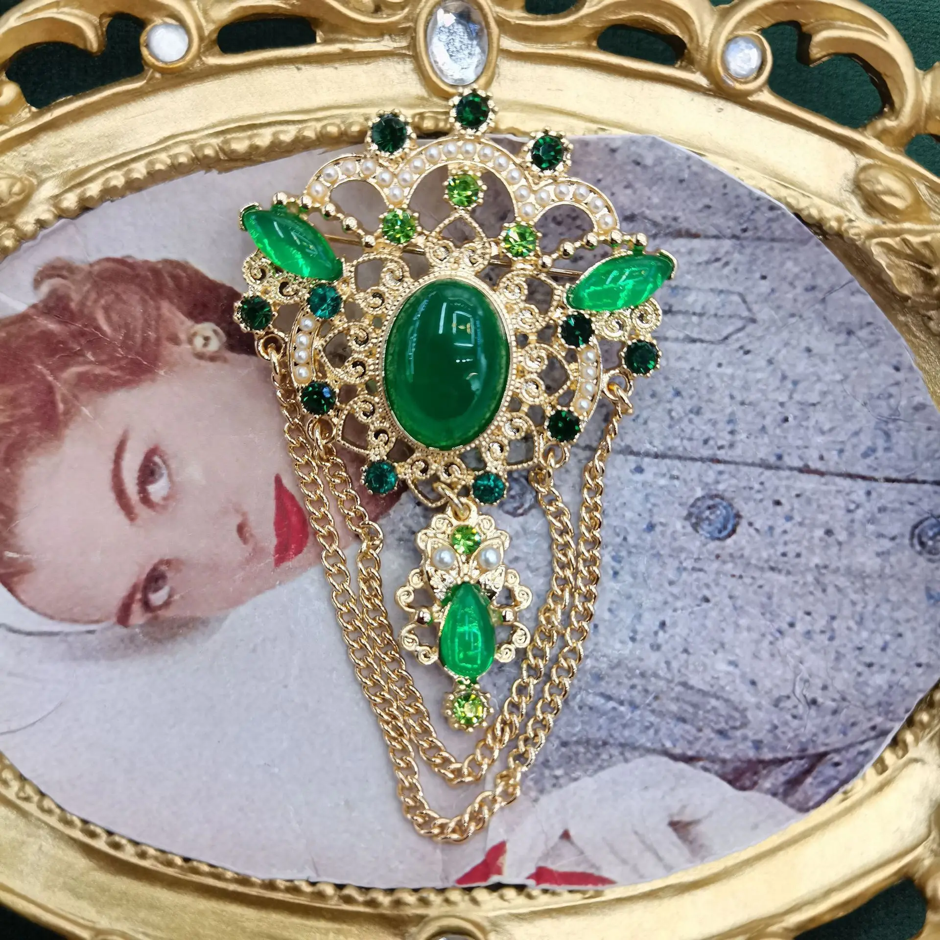 

Vintage Baroque Court Crown Double Chain Fringed Greenstone Corsage Pin