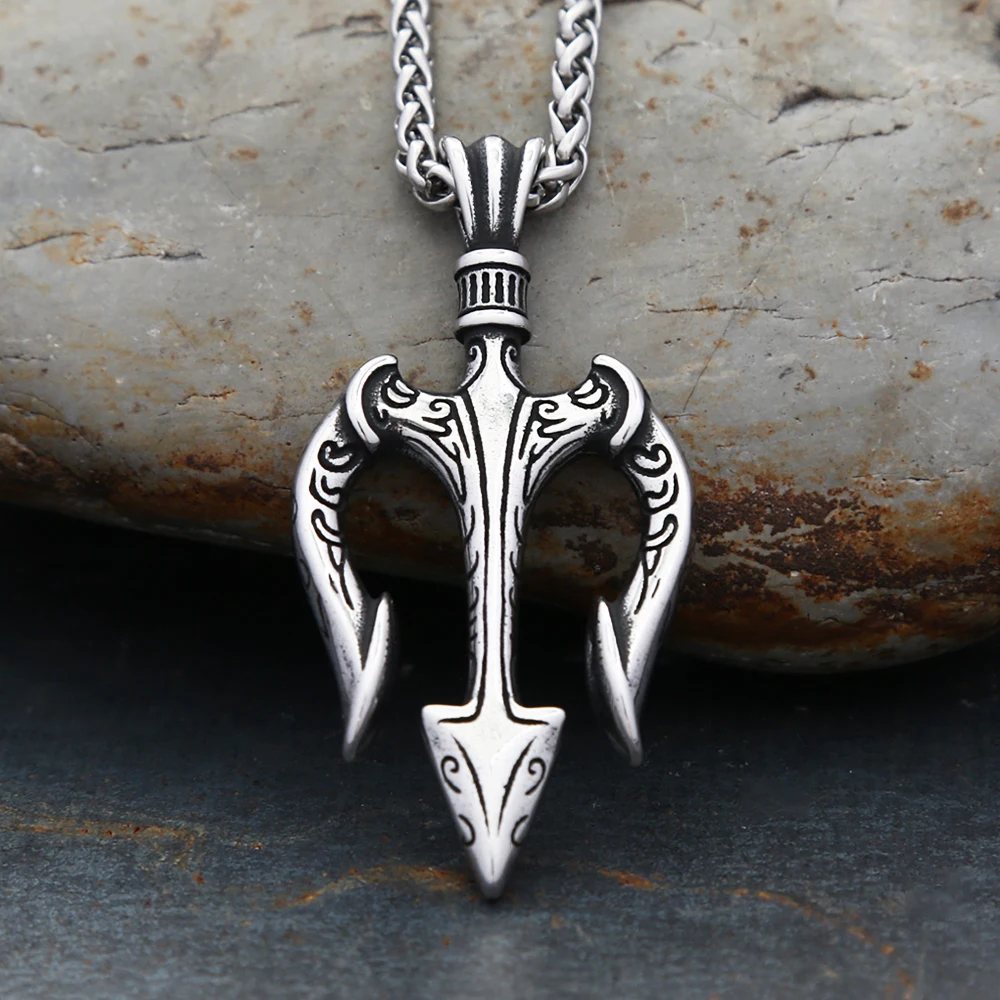 Vintage Stainless Steel Poseidon Trident Pendant Necklace For Men Fashion Greek Trident Necklaces Amulet Jewelry Gift Wholesale