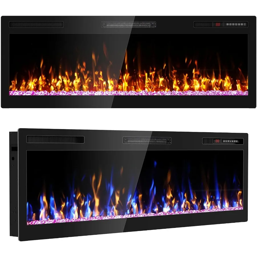 

50 Inch Electric Fireplace Wall Mounted and Recessed with Remote Control Color Adjustable Realistic Flame Effect with Timer Fun