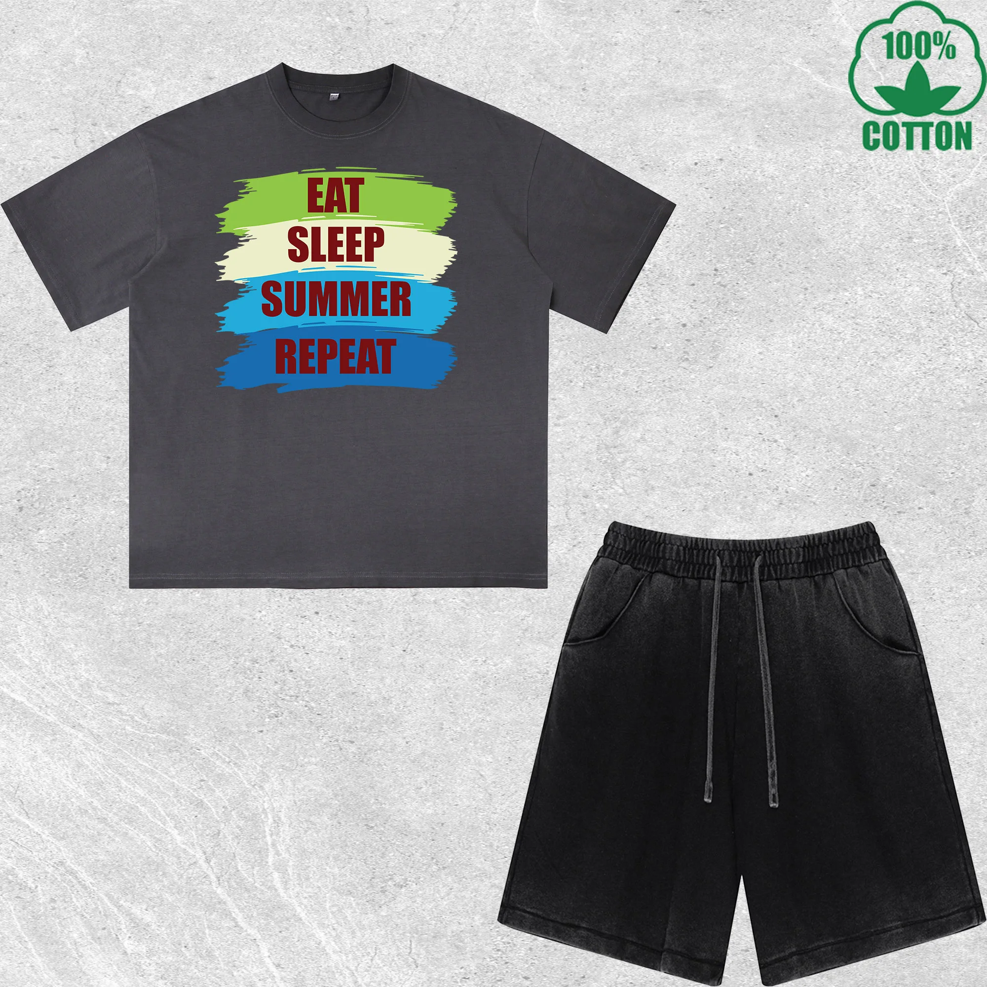 

Eat Sleep Summer Repeat Printed Dirty Wash T-Shirt Shorts Set Multicolor Combo Loose Trendy Fashionable 100%Cotton