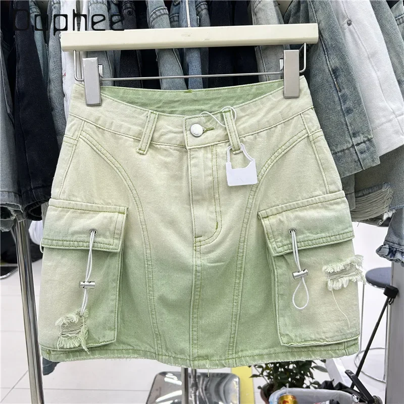 

Green Gradient Denim Skirt for Women Big Pockets Side A Line Ripped Cargo Skirt Drawstring Mini Skirt Casual Street Pink White