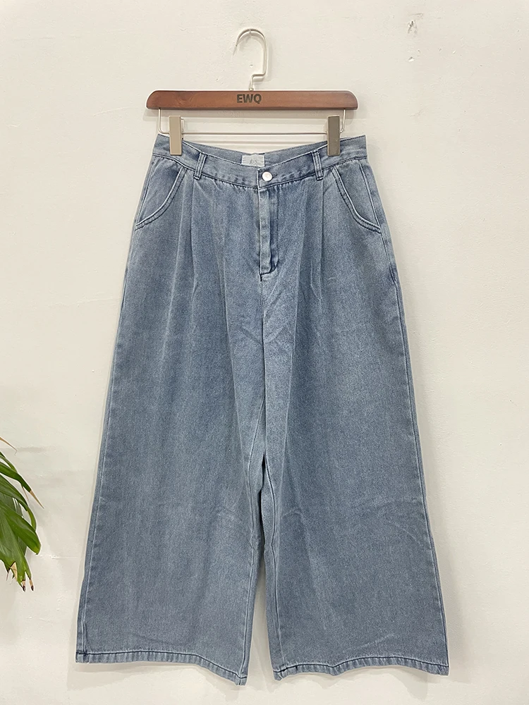 [EWQ] One-button Pleated Denim Trousers For Women Streetwear High Waist Wide Leg Jeans 2024 Spring Summer New Chic Pants 16Y6618