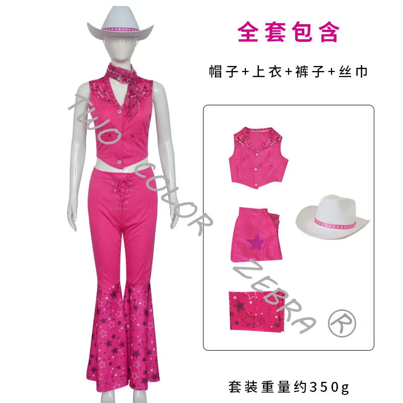 Movie Pink Barbiecore Princess Cowgirl Cosplay Costume Western Outfit with Hat Vest Pants Scarf for Halloween Stage Performance view 3