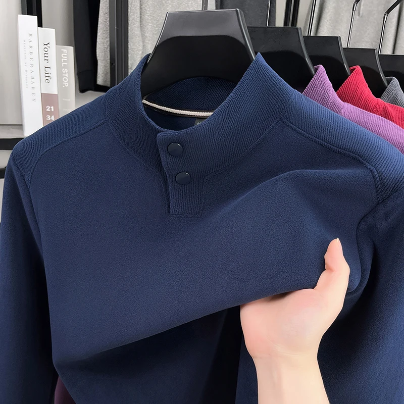 

Luxury High-End Man Long Sleeves Hoodie Thicken Round Neck Button Design Korean-StyleTops Autumn New Casual Fashion Mensclothing