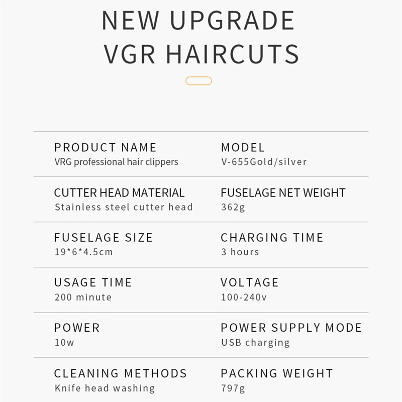 Profissional recarregável cabelo Clipper, cuidados pessoais aparador elétrico, USB LED tela, redução lavável barbeiro, VGR 655, VGR 655