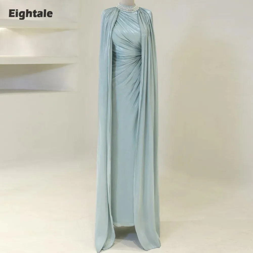 

Eightale Arabic Evening Dress High Neck Pleats Crepe Customized Floor Length Muslim Cape Sleeves A-Line Prom Wedding Party Gown