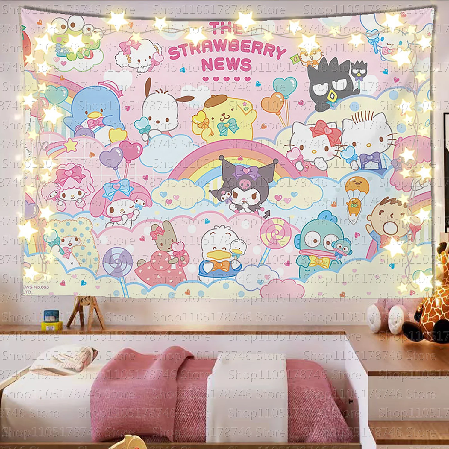 Sanrio Cartoon-Themen Bedruckter Wandteppich Niedlicher Cartoon-Stil Fantasy-Hintergrund Heimdekoration Mädchenherz Bedruckter Wandbehang