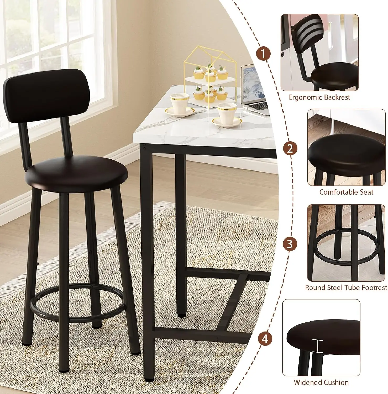 3 Piece Bar Table Set of 2,Mordern Bistro Table with 2 Counter Height Barstools, Faux Marble Pub Table Set for Small Space,Small view 5