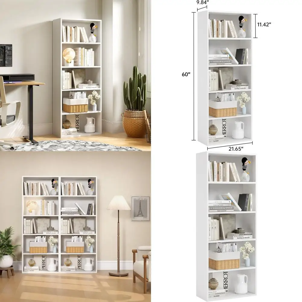 5-Tier Open Bookshelf - Storage and Display Shelves for Home and Office, Suitable for Living Room or Bedroom, White