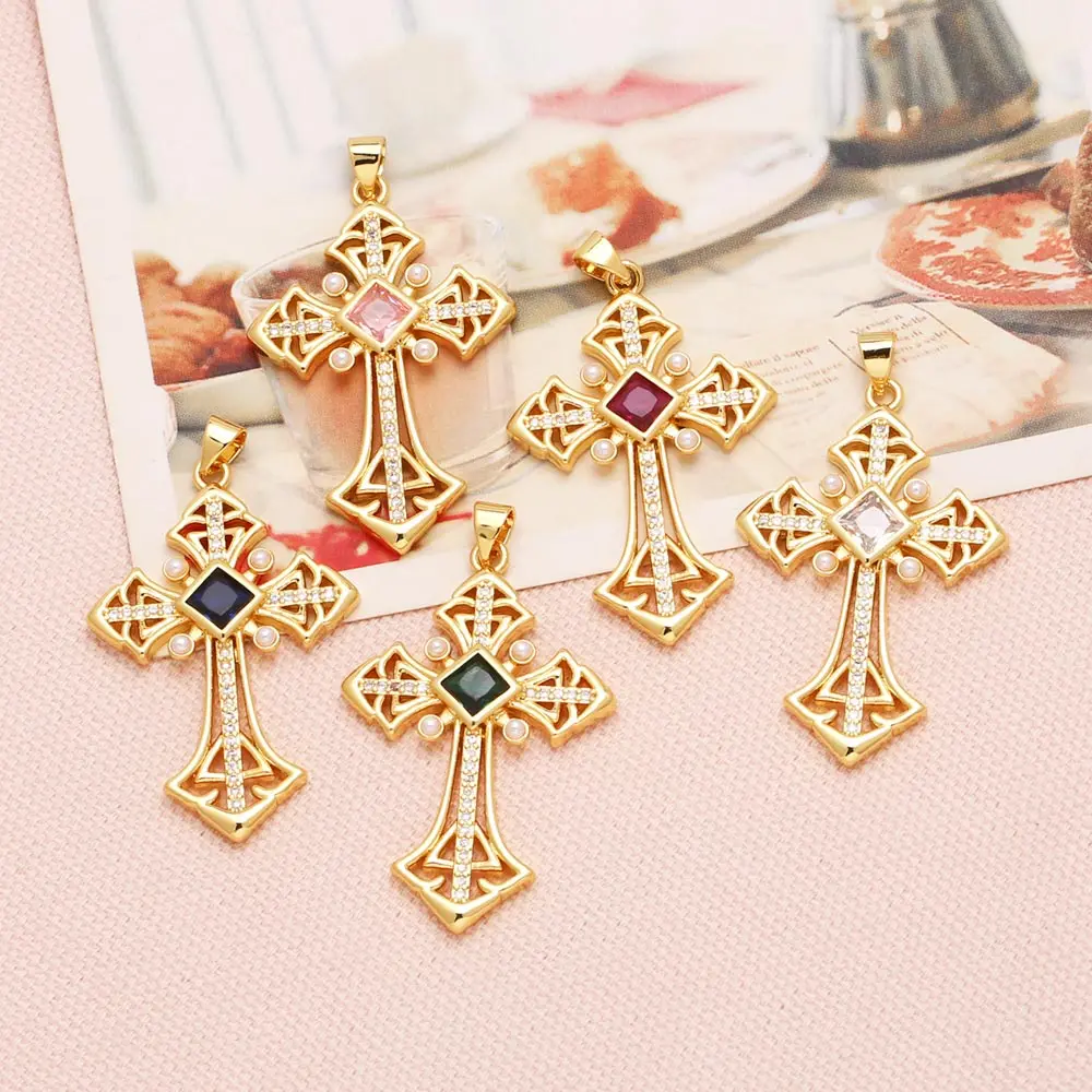 OCESRIO Multicolor Rectangle Crystal Big Cross Pendant for Necklace Copper Gold Plated Crucifix Jewelry Making Component pdtb818