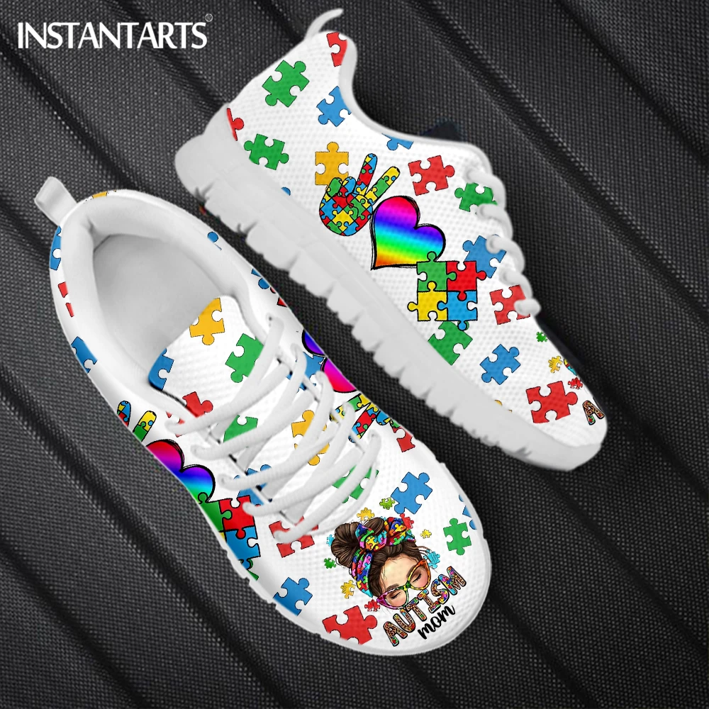 Women's Autism Mom Sneakers Comfortable Round Toe Loose Flat Shoes Awareness Cancer Print Running Shoes Shock Absorption Walking