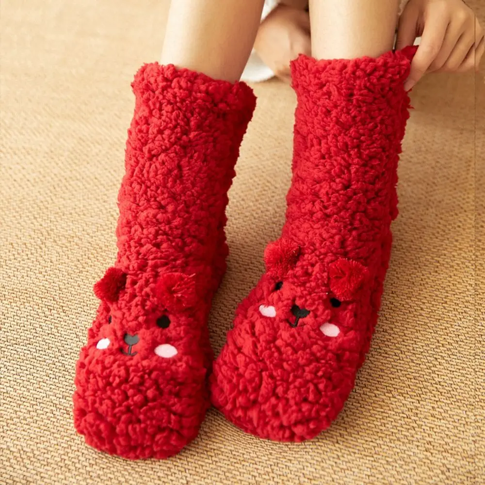 

Cute Embroidery Winter Floor Socks Plush Anti Slip Thick Thermal Socks Cartoon Winter Animal Graphic Socks Home