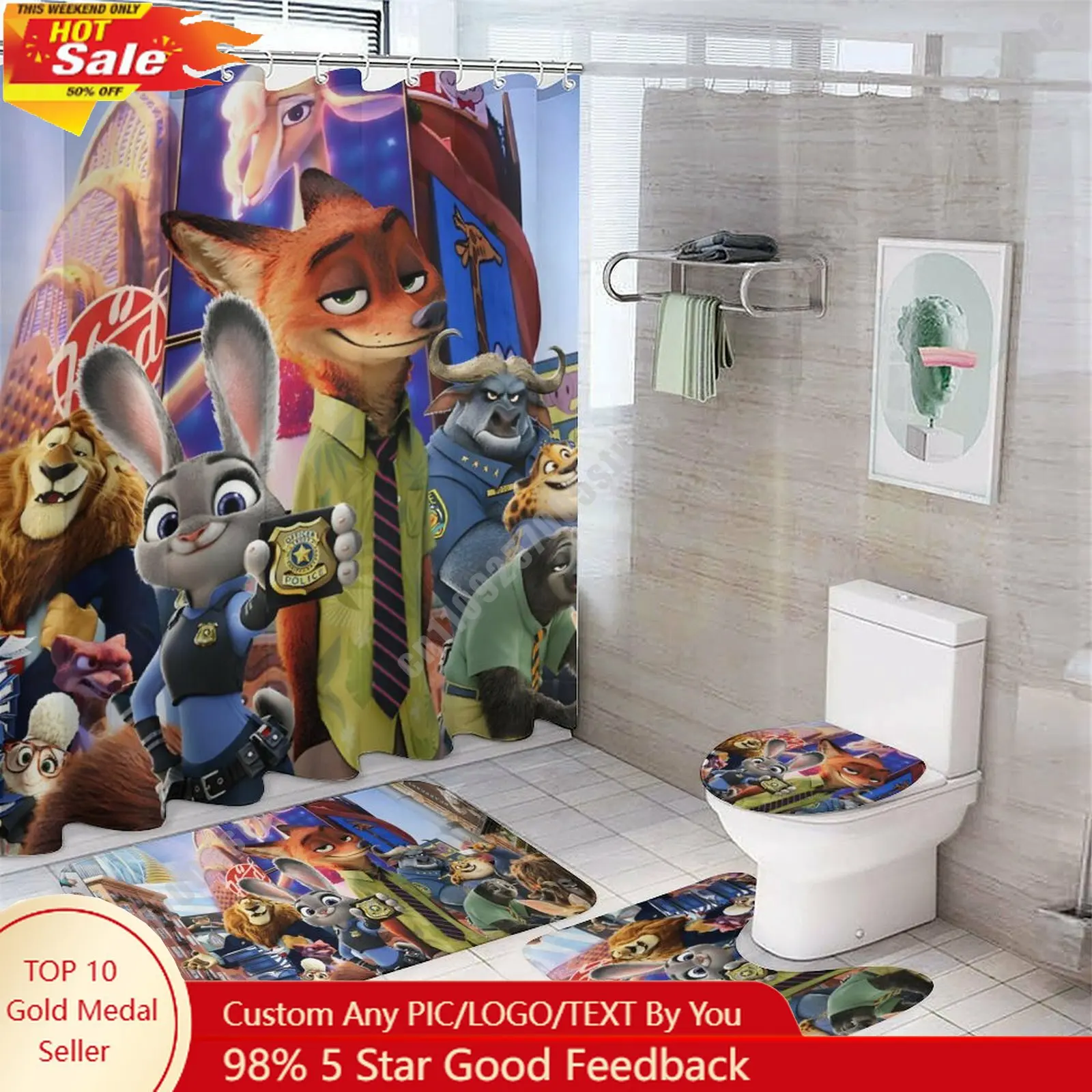 

Zootopia Shower Curtain Set Disney Cartoon Pattern Non Slip Rug Toilet Cover Bath Mat 4PCS Decorating Birthday Gift