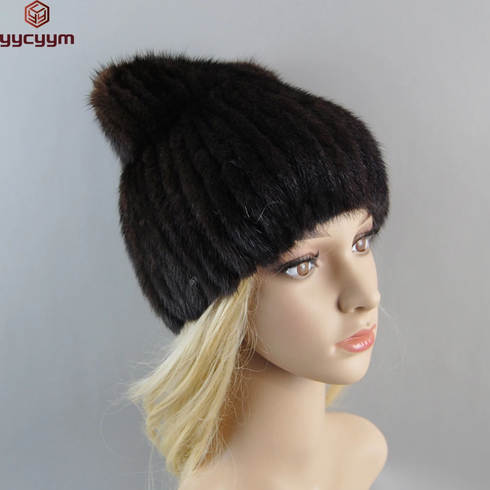 New Fashion Genuine Real Natural Knitted Mink Fur Hat Luxury Women Handmade Knit Fashion Winter Warm Headwear Beanies Cap