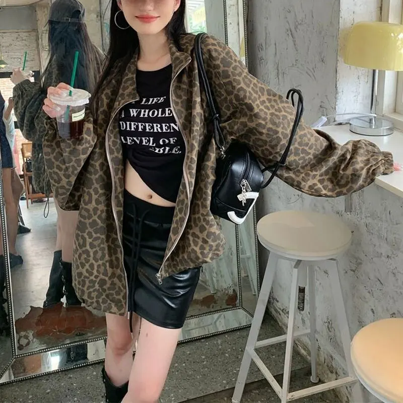 

Повседневные винтажные леопардовые свободные куртки, женская одежда, американская молния, осенние новые стильные базовые пальто с отложным воротником на шнурке
