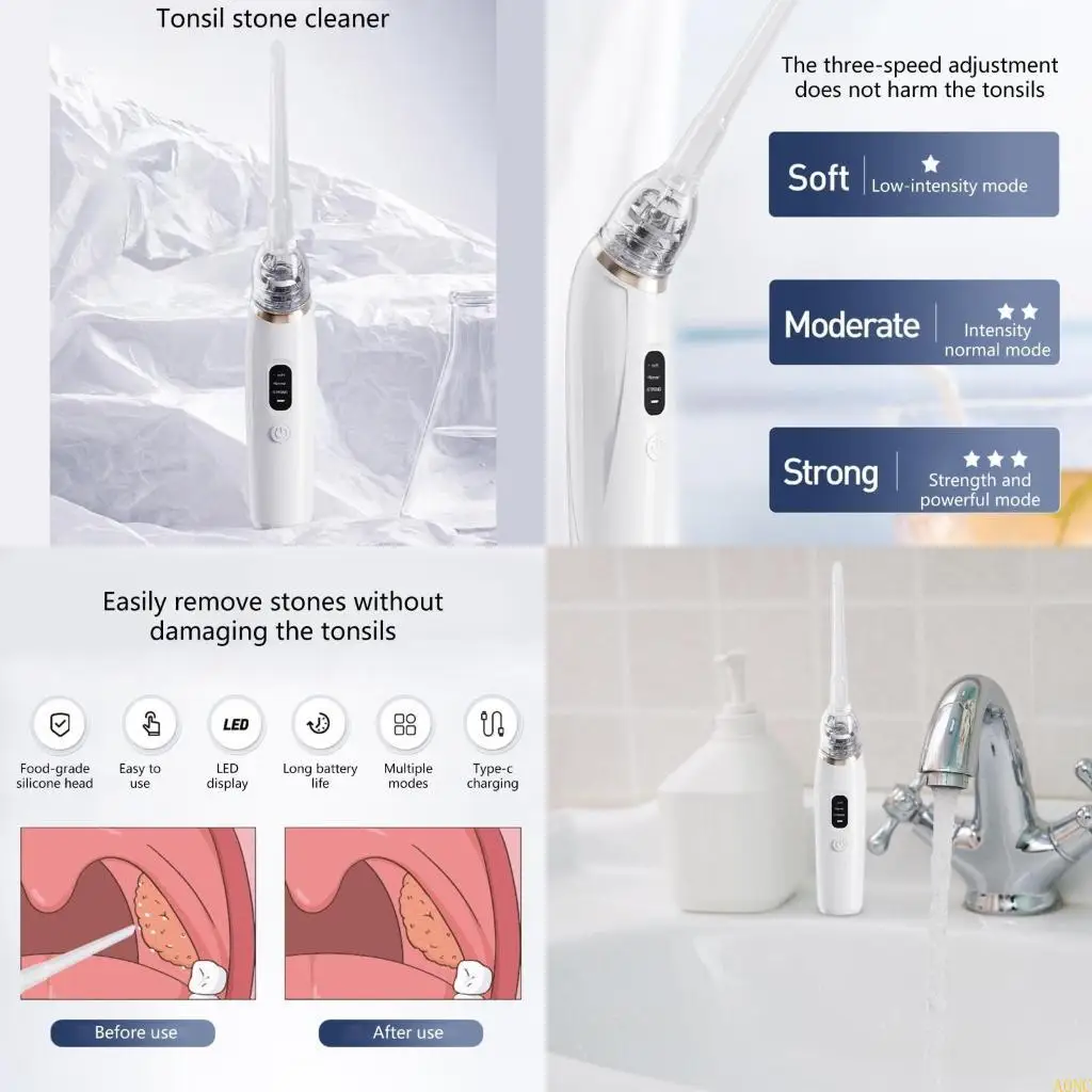 

A0NC Tonsil Stone Extraction Set Includes 3 Soft Tips Adjustable Suction Strength