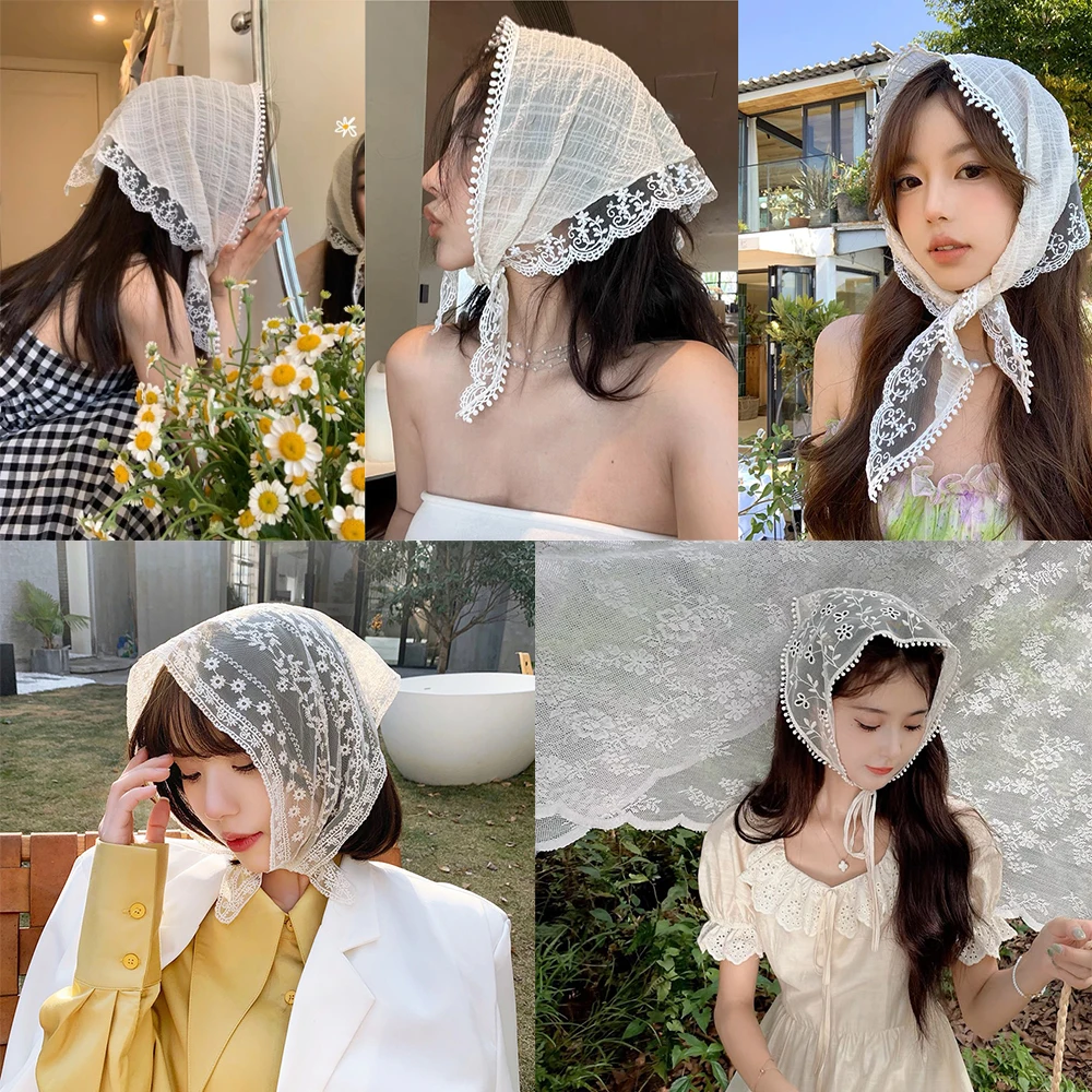 Haimeikang Flower Lace Triangle Scarf Hair Band White Fashion Bandana Turban Headband For Women Headwarp Hair Accessories