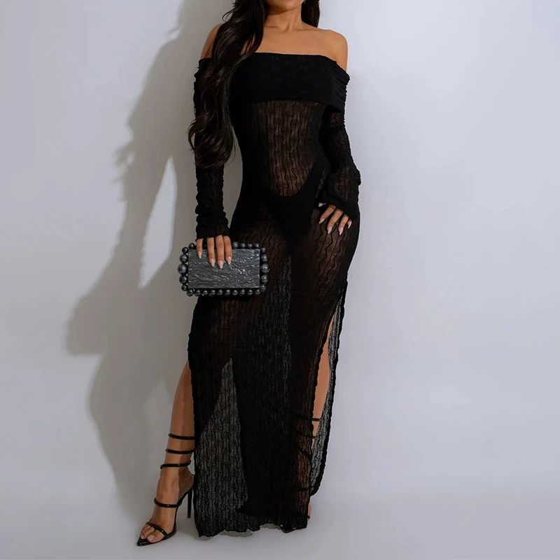 

OMSJ Sexy Knit See-through Slash Neck Off-shoulder Fashion Women Side Split Ruched Wave Pattern Long Dress Party Vcation Outfits