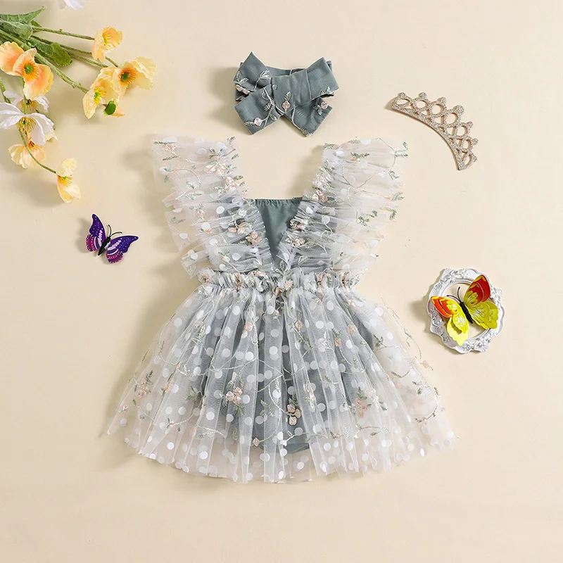 Princess Newborn Baby Girl Summer Rompers Outfits Ruffle Sleeveless Floral Embroidery Jumpsuits Tulle Dress with Headband