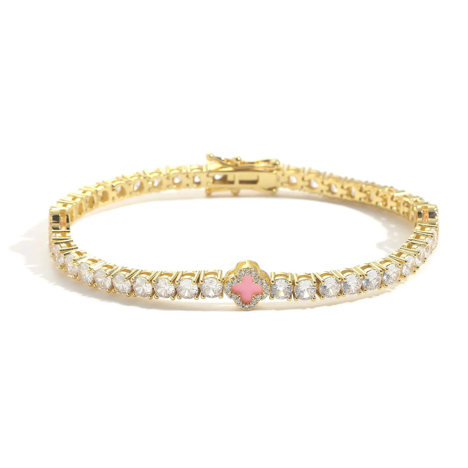 

Роскошный розовый теннисный браслет с четырьмя листьями клевера и стразами, элегантное высококачественное нежное ожерелье-цепочка, модные украшения Iced Out