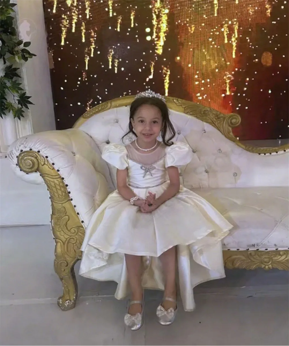 

Cute Satin Flower Girl Wedding Dress Sequined with Bow Lantern Sleeves Assymetrical Princess Birthday Party Gown Customized
