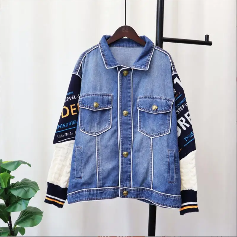 

Women Knit Sweater Stitching Long Sleeve Lapel Denim Jacket Coat New Korean Fashion Loose Streetwear Jeans Outerwear 2022 p544