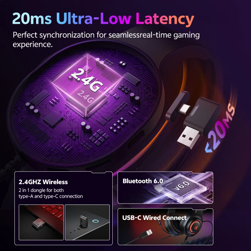 QCY Heroad V200 BH25H4GMA Gaming Over Ear Headphones Bluetooth 6.0 Wireless Earphones 50mm Driver 7.1 Surround Sound RGB Headset view 5
