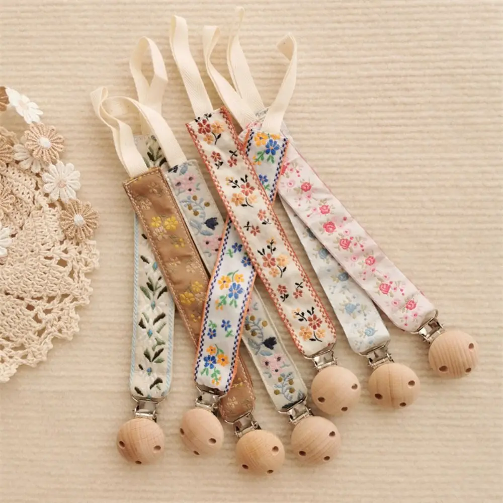 Ethnic Style Baby Cloth Pacifier Chain Embroidery Floral Wood Soother Holder Adjustable Dummy Clips Nipple Holder Clips Toddler