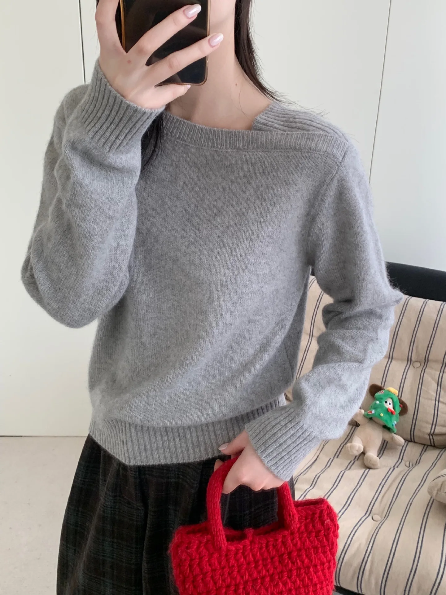 Wollen trui effen kleur gebreide trui met één schouder top zachte kleverige wollen wasbeer fluwelen trui