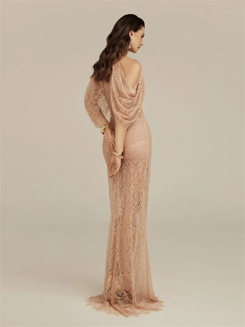 Nude Pink Lace Party Gown Sexy Halter Short Sleeves Ruffle Sheer Mesh Prom Dress Mermaid Long Formal Wedding Evening Robe