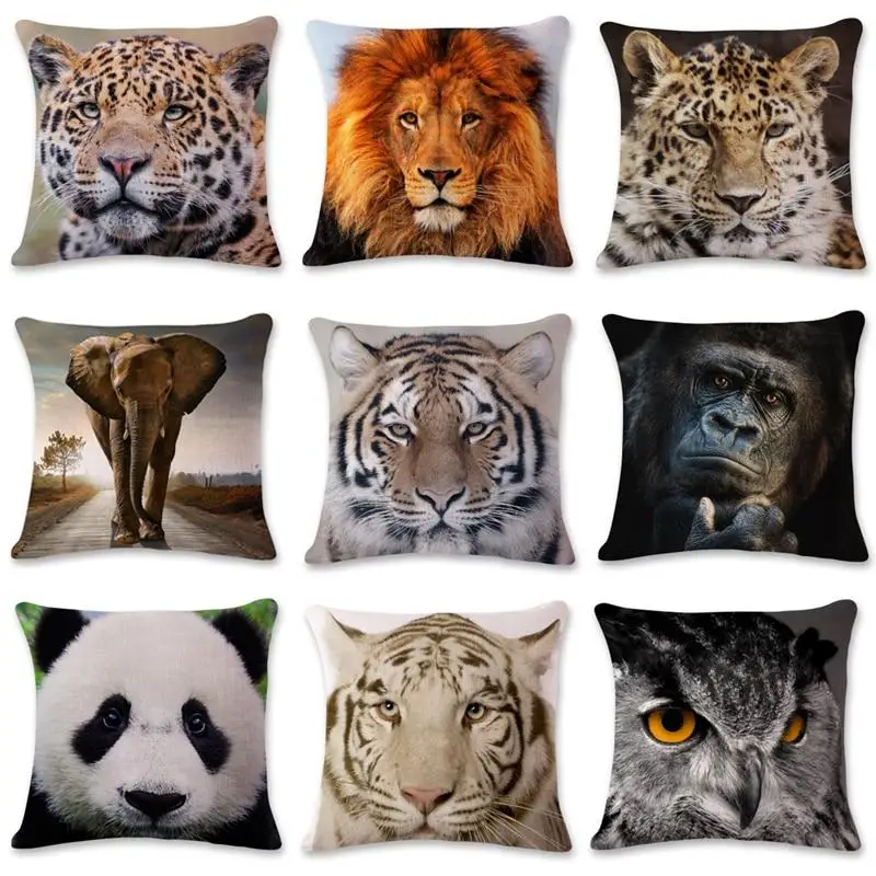 Polyester Tiger Lion Pillowcase Home Decor Geometric  Sofa Animal World Portrait Cushion Cover