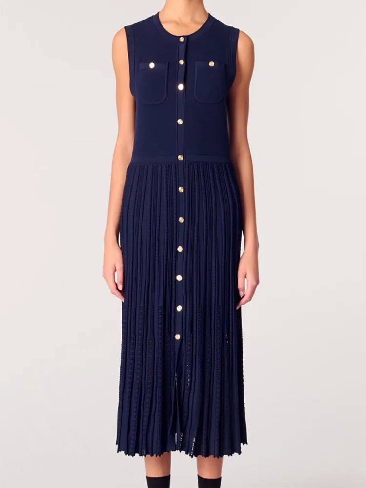 

Spring new women's French style dark blue single breasted waist knit sleeveless dress