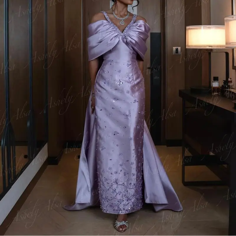 Elegant Lilac Arabic Women Evening Dresses With Train 2024 V Neck Beaded Sheath Ankle Length Formal Prom Dress Wedding Party