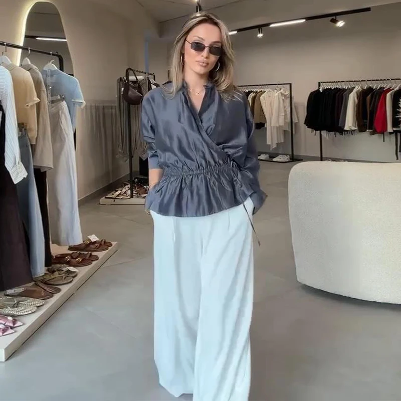 Damen Oversize-Bluse Langarm mit seitlicher Knopfleiste und Kordelzug in der Taille, plissiertes Hemd, modische Büro- und Party-Oberteile, einfarbig, locker geschnitten – Detail 8