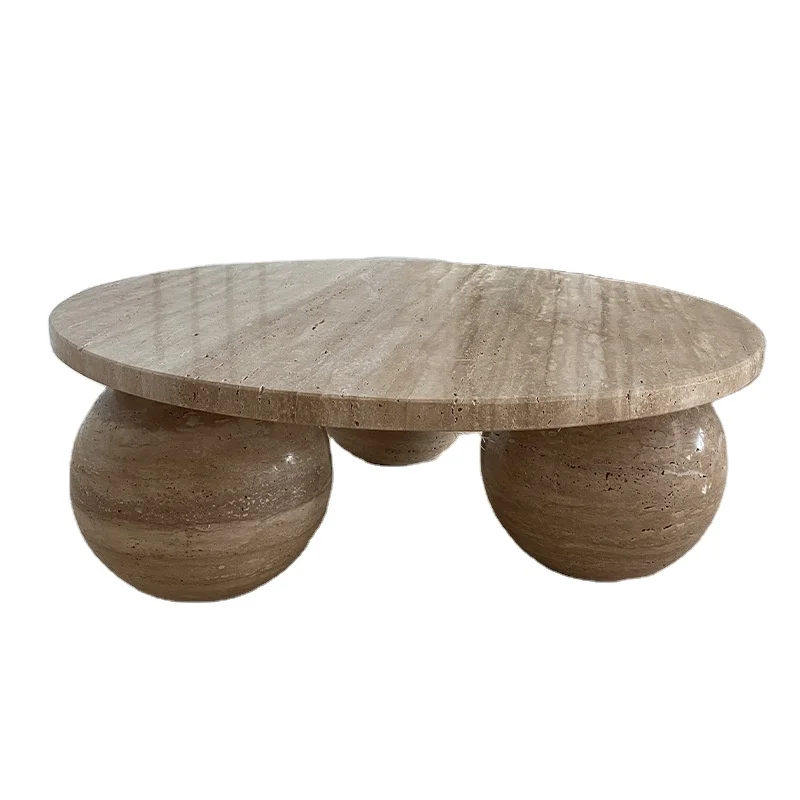 Modern Nordic Design Travertine Coffee Table Living Room Round Stone Sphere Ball Table Base Marble Coffee Table