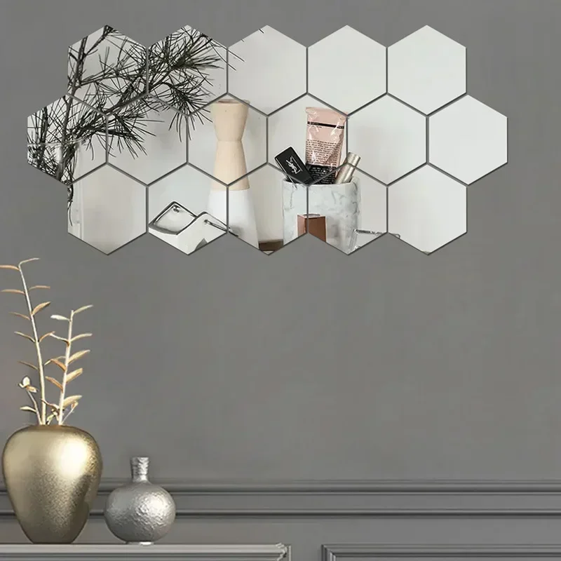 3D Mirror Wall Sticker Multiple Sizes DIY TV Background Living Room Stickers Wall Decor Bedroom Bathroom Home Decoration Hexagon