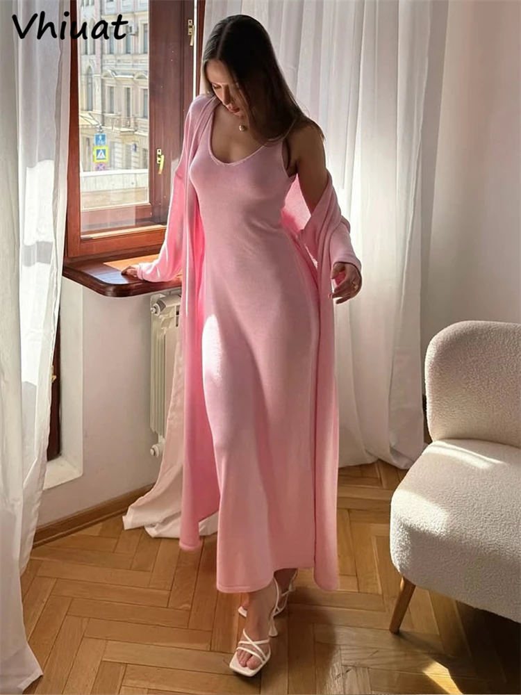 

Vhiuat 2022, осенне-зимний женский вязаный свитер, костюм с юбкой, кардиган с длинными рукавами, топы + длинное платье, новые одинаковые комплекты